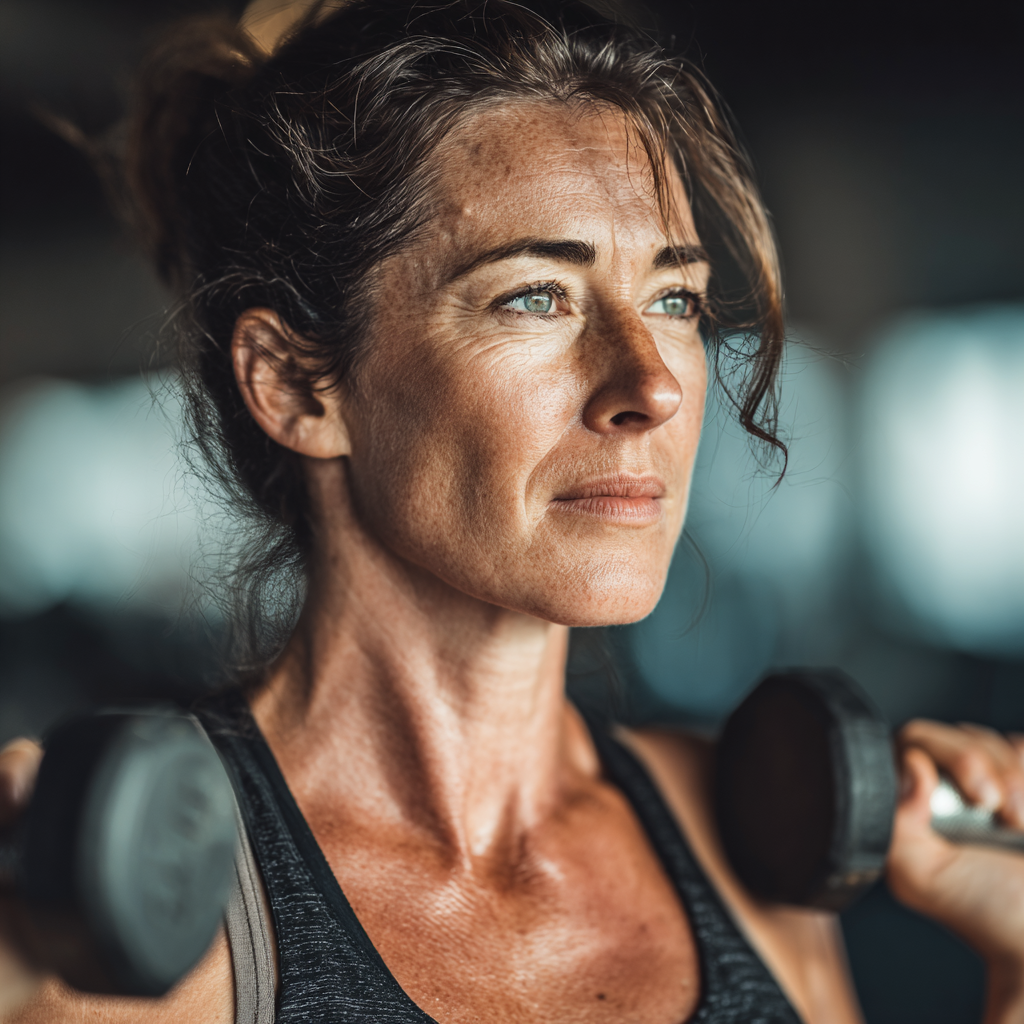 Energetic mature woman in her forties performing strength training exercise with dumbbells in a modern gym, showcasing proper form and determination while wearing athletic clothing