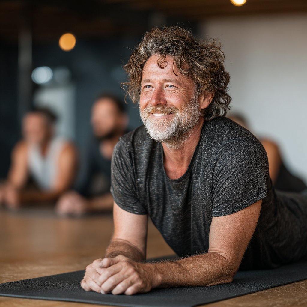 Smiling middle-aged man in his fifties doing yoga or stretching exercises on a mat in a bright fitness studio, demonstrating flexibility and mindful movement practice